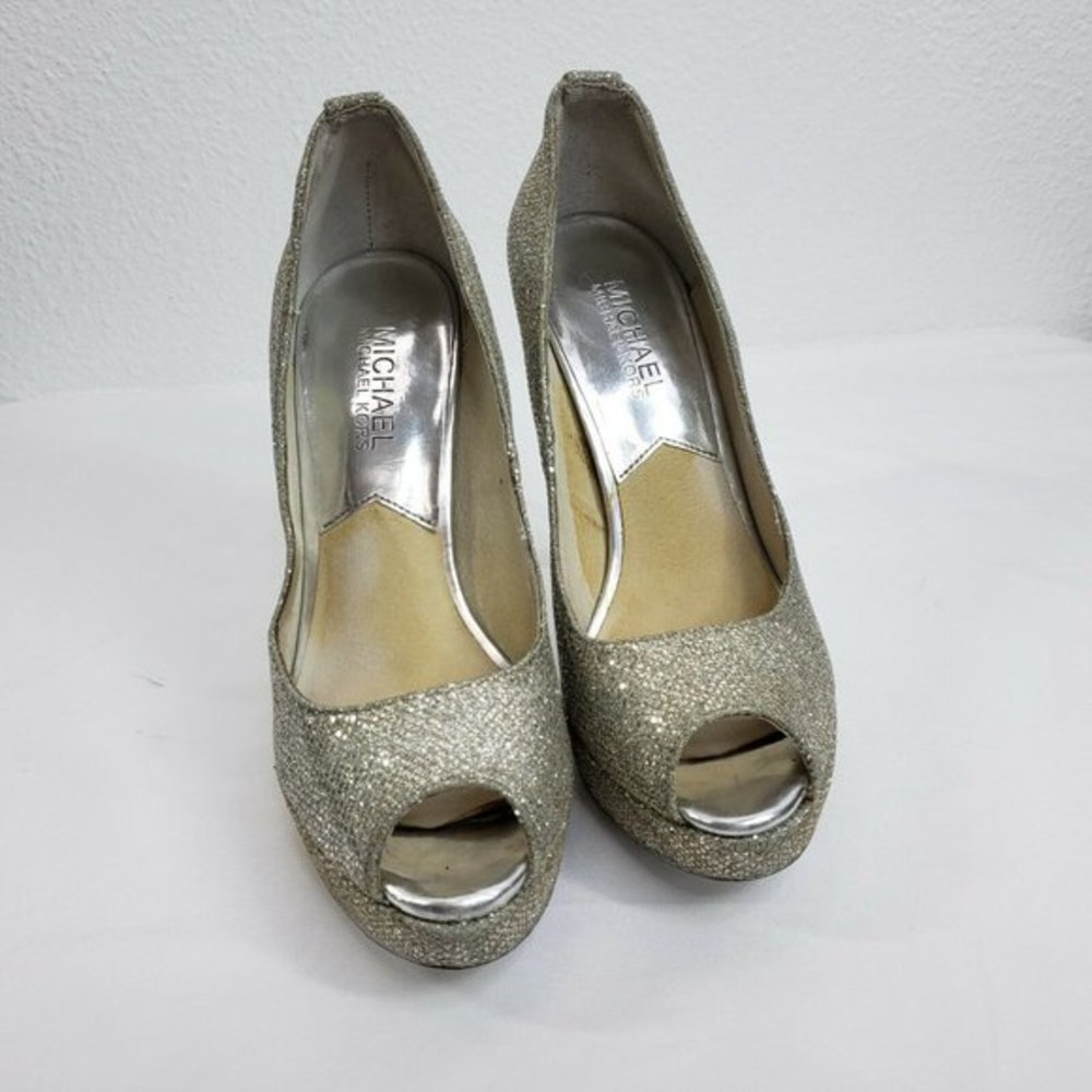 Michael Kors Peep Toe‎ Slip On Pumps Gold Silver Women Size 6 M Platform Heels - Picture 11 of 12